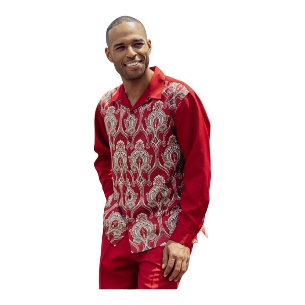 MEN'S MONTIQUE WINE PRINT DESIGN WALKING SUIT 2 PIECE LONG SLEEVE SET. 2377 WINE
